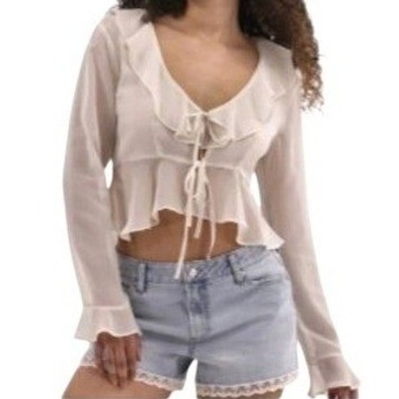 No Boundaries Tops - Sheer Fairycore Cream Ruffle Tie Front Peplum Blouse Long Sleeve Large 12-14